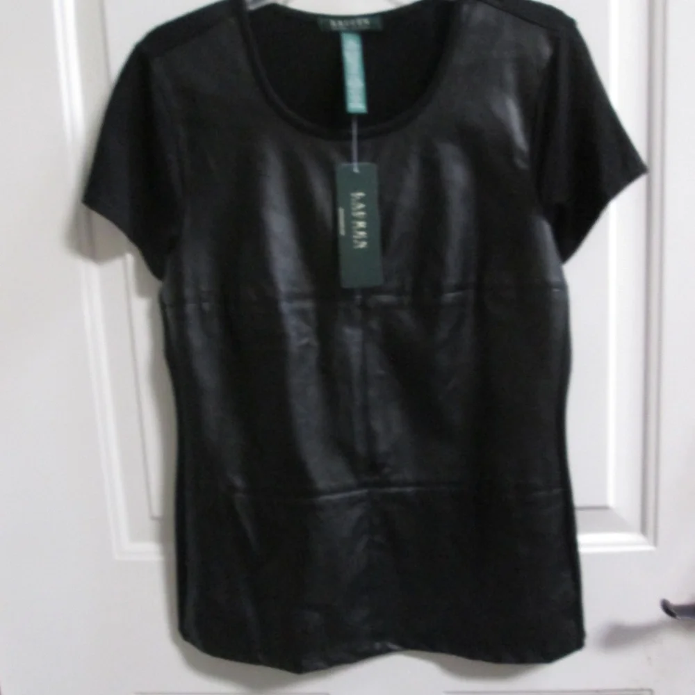 new RALPH LAUREN Black leather look like pullover blouse Sz - Picture 2 of 14